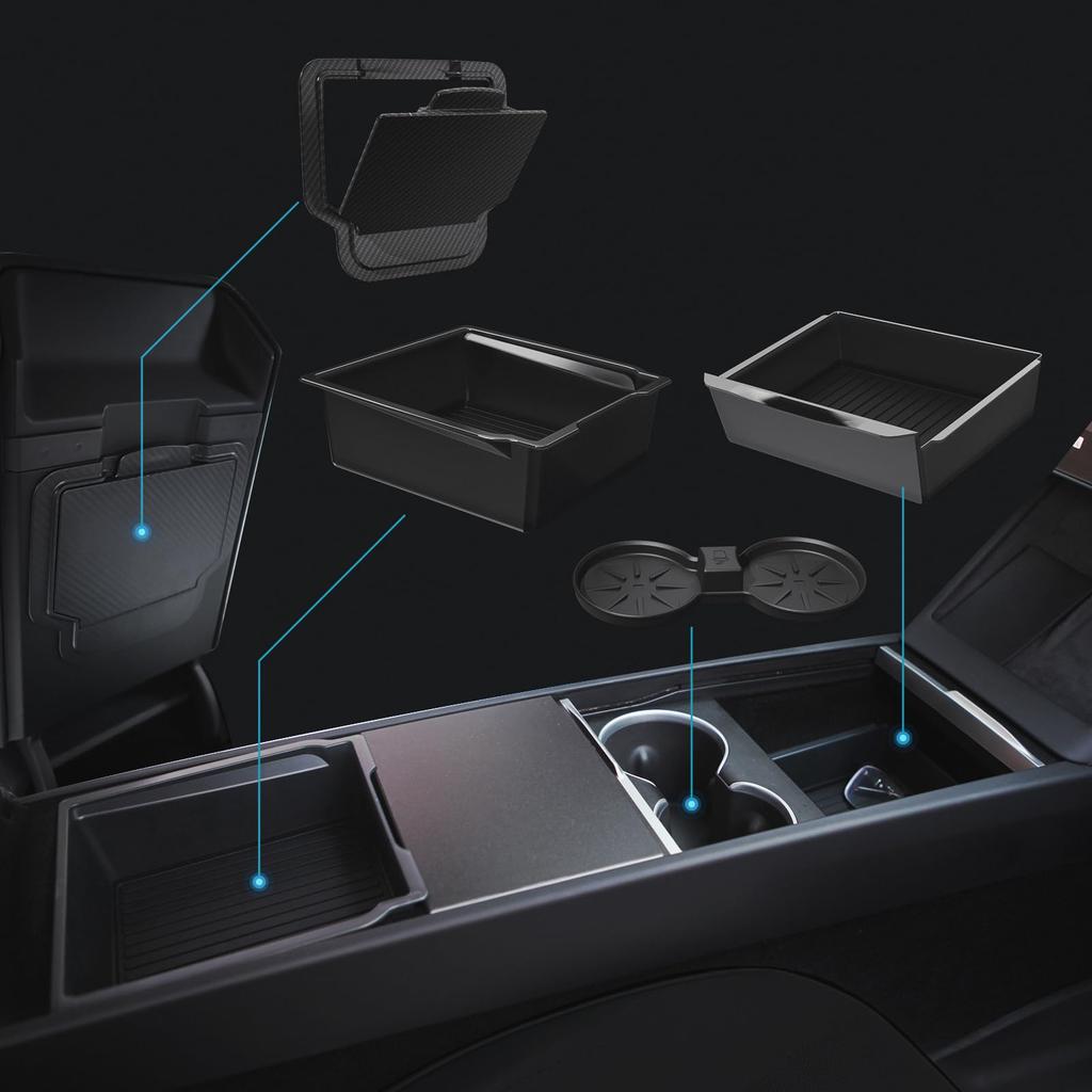 CARENTR Tesla New Model Y Juniper & Model 3 Center Console Organizer (Dual-Tier Storage, Smooth Slide) – Compatible with Model 3 (2024-2025) / New Mod