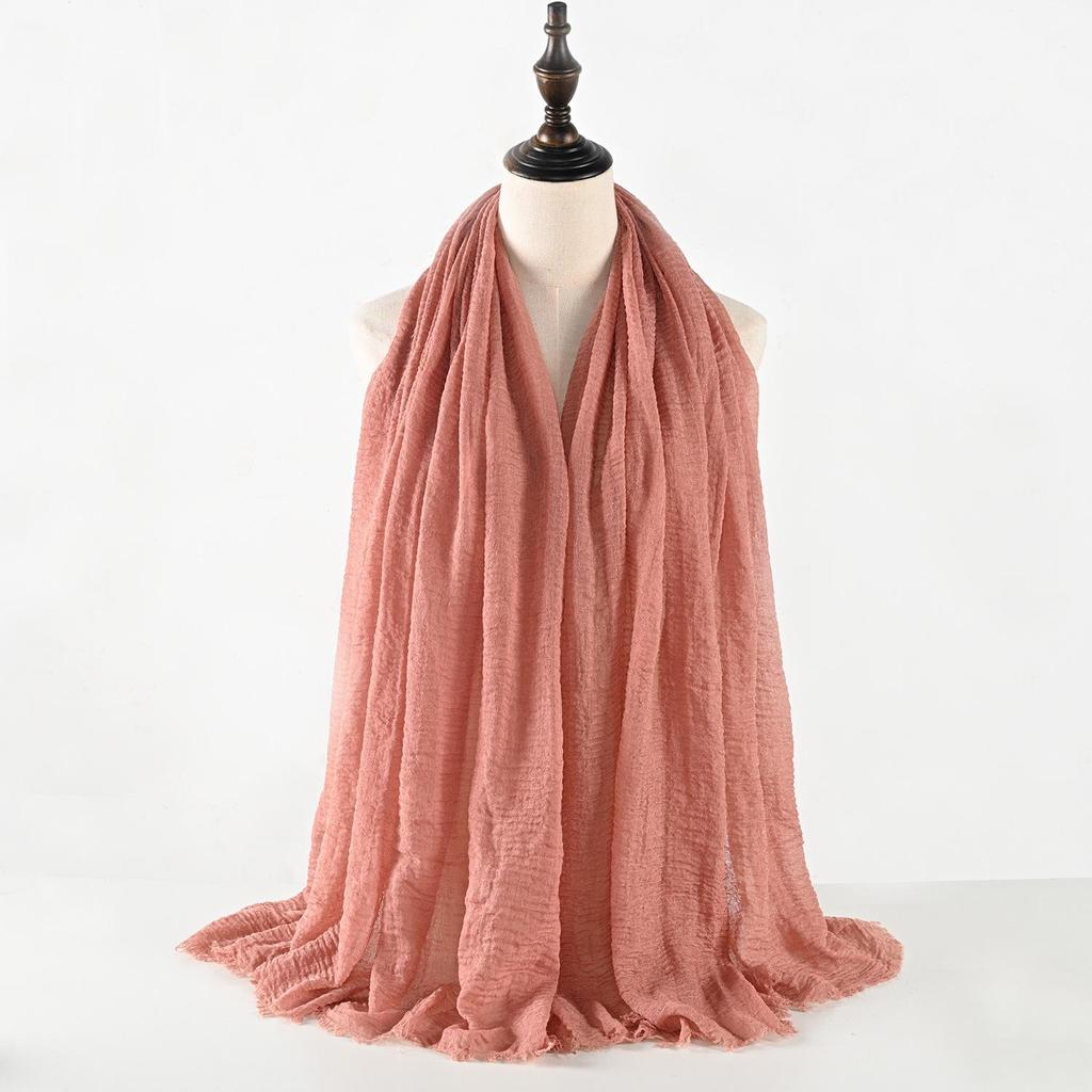 Crinkled Cotton-Linen Blend Scarf with Fringe - Solid Color, 90x180cm, Women's Headscarf