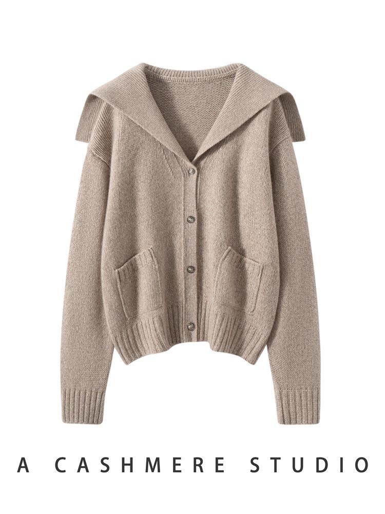 Navy Heavy Craftsmanship Cashmere Cardigan: Women's Loose Knit Sweater, Thickened Collared Casual Top