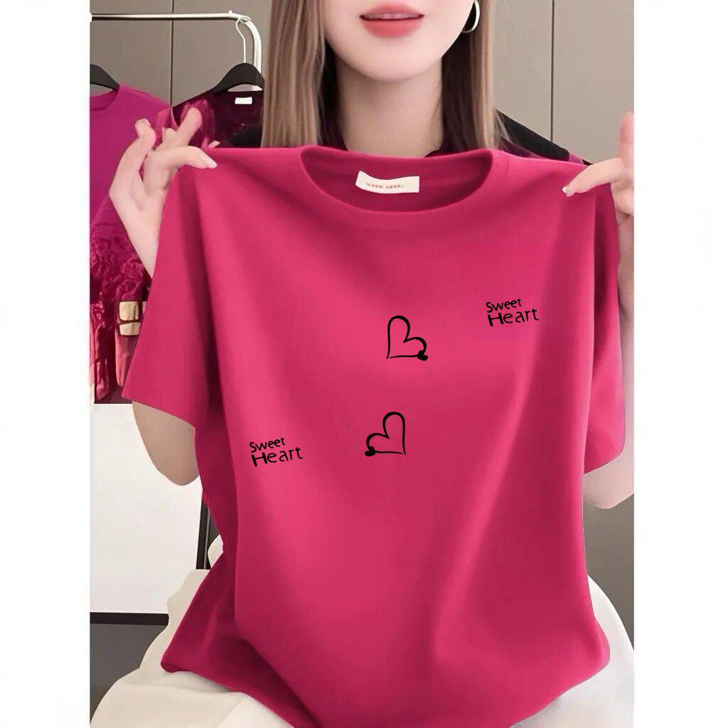 Elegant Heart Print Women s Loose Fit Summer T-Shirt - Short-Sleeve, Round Neck, Plus Size, Casual Chic. 2XL