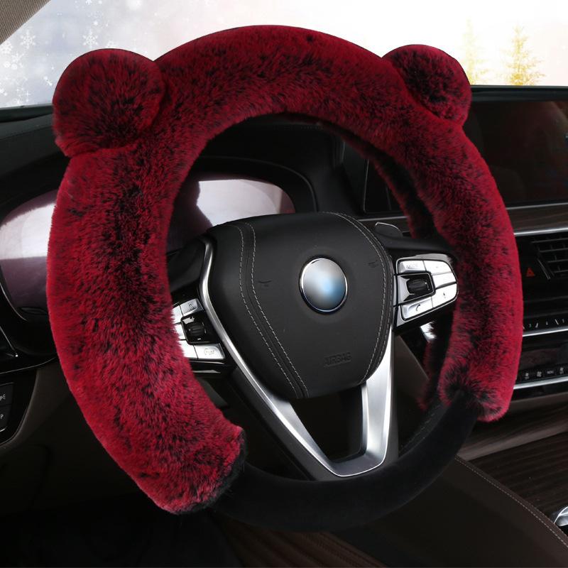 Universal Steering Wheel Cover Cartoon Cute Ear Shape Soft Faux Rabbit Fur Plush Winter Car Interior Styling for Women