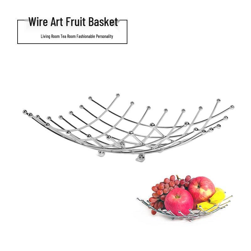 Modern Bright Silver Wrought Iron Fruit Basket with Glass Beads
