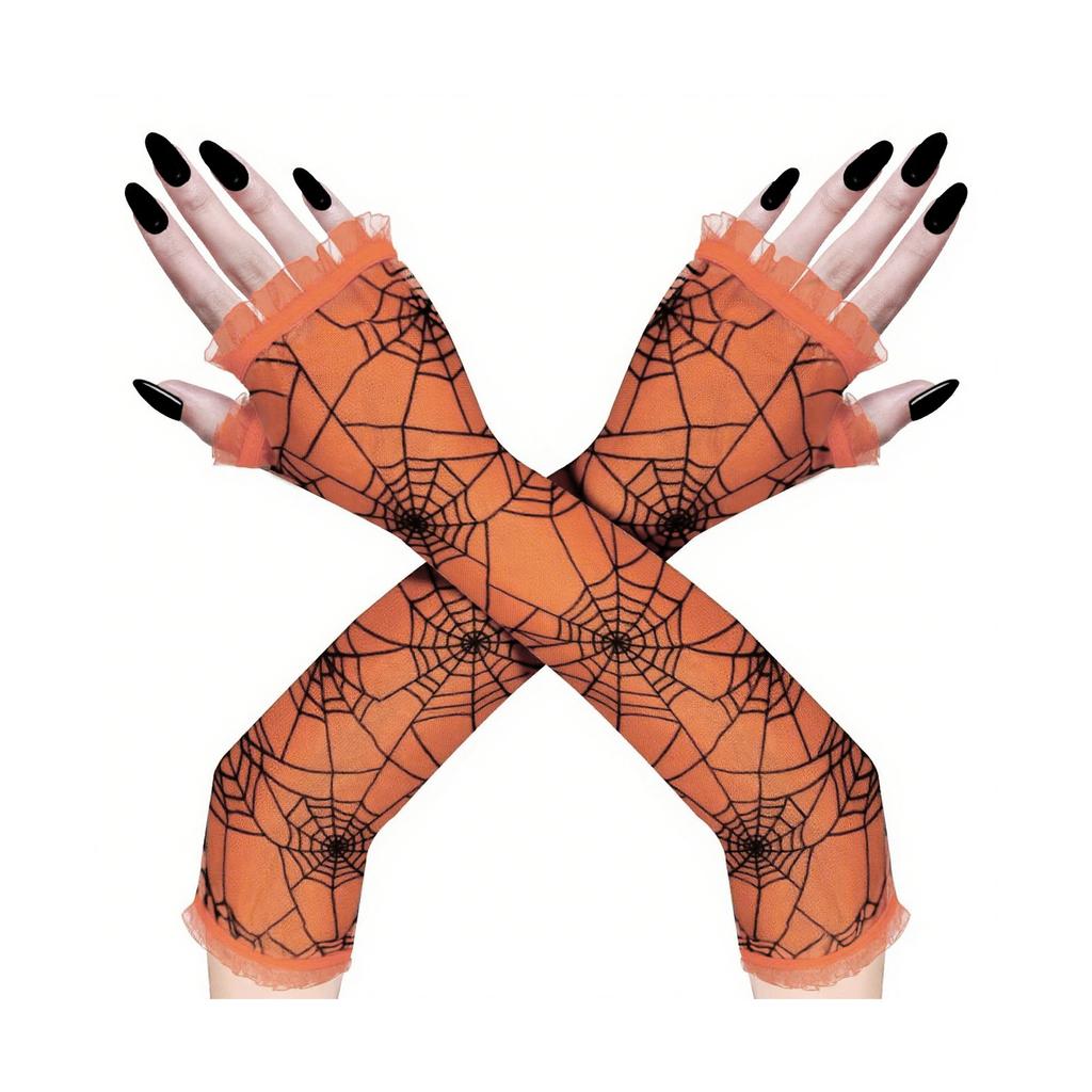 Spiderweb Patterned Long Stretchable Mesh Gloves for Halloween Costume Parties and Cosplay Event