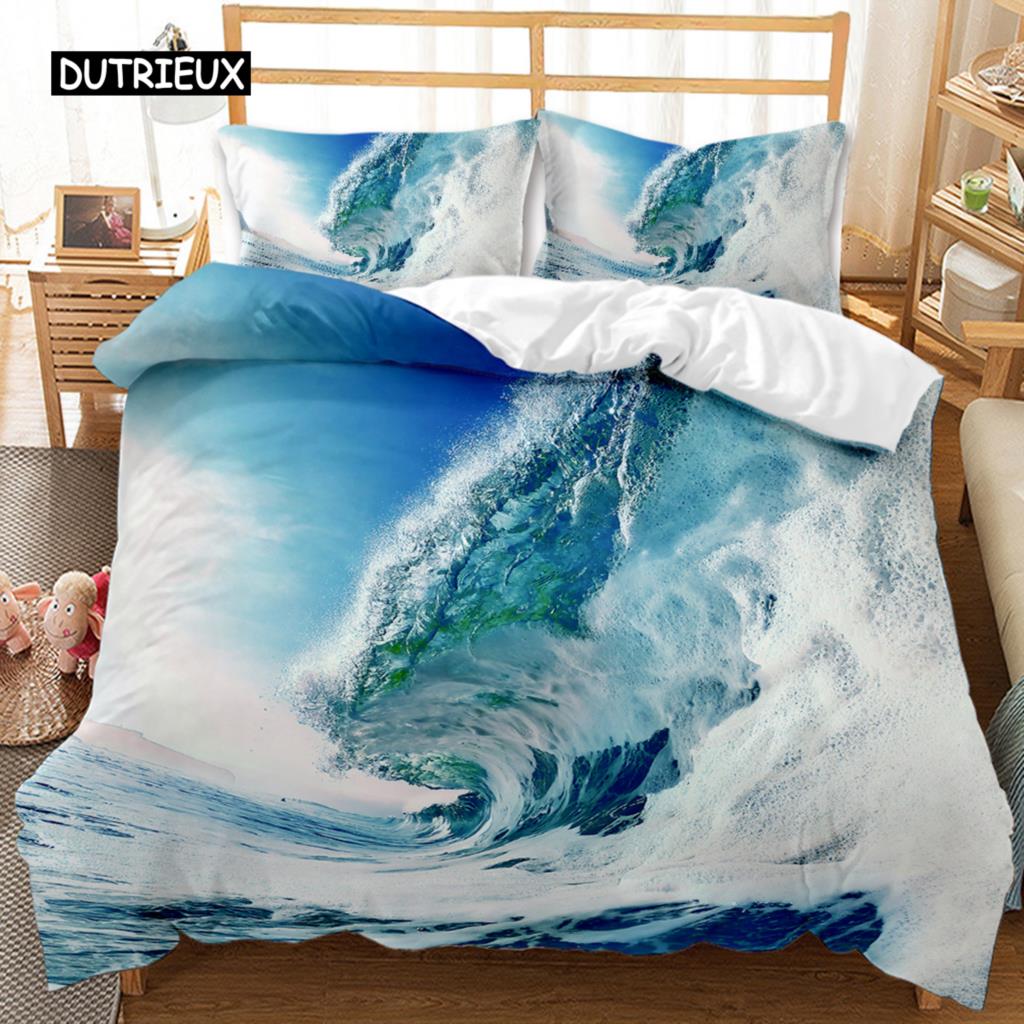 Beach Duvet Cover Set Summer Ocean Bedding Set Hawaiian Marine Sea Waves 3D Print Starfish Polyester Comforter Cover Queen King