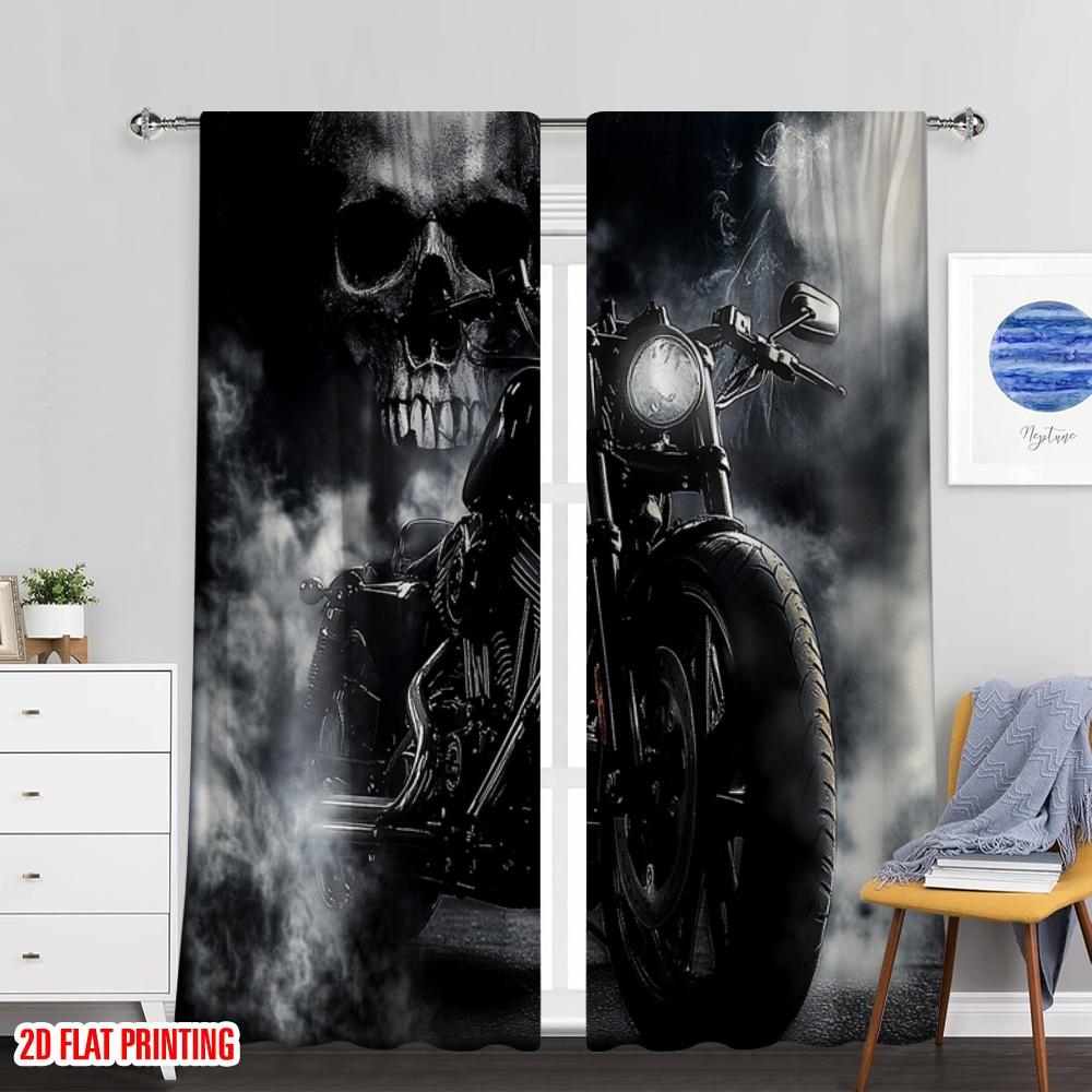 Set Of 2 Flat Printing Black Motorcycle Rider Curtain Gray Skull Mist Extreme Sport Bedroom Living Room Curtains Made Polyester Great Window Treatment