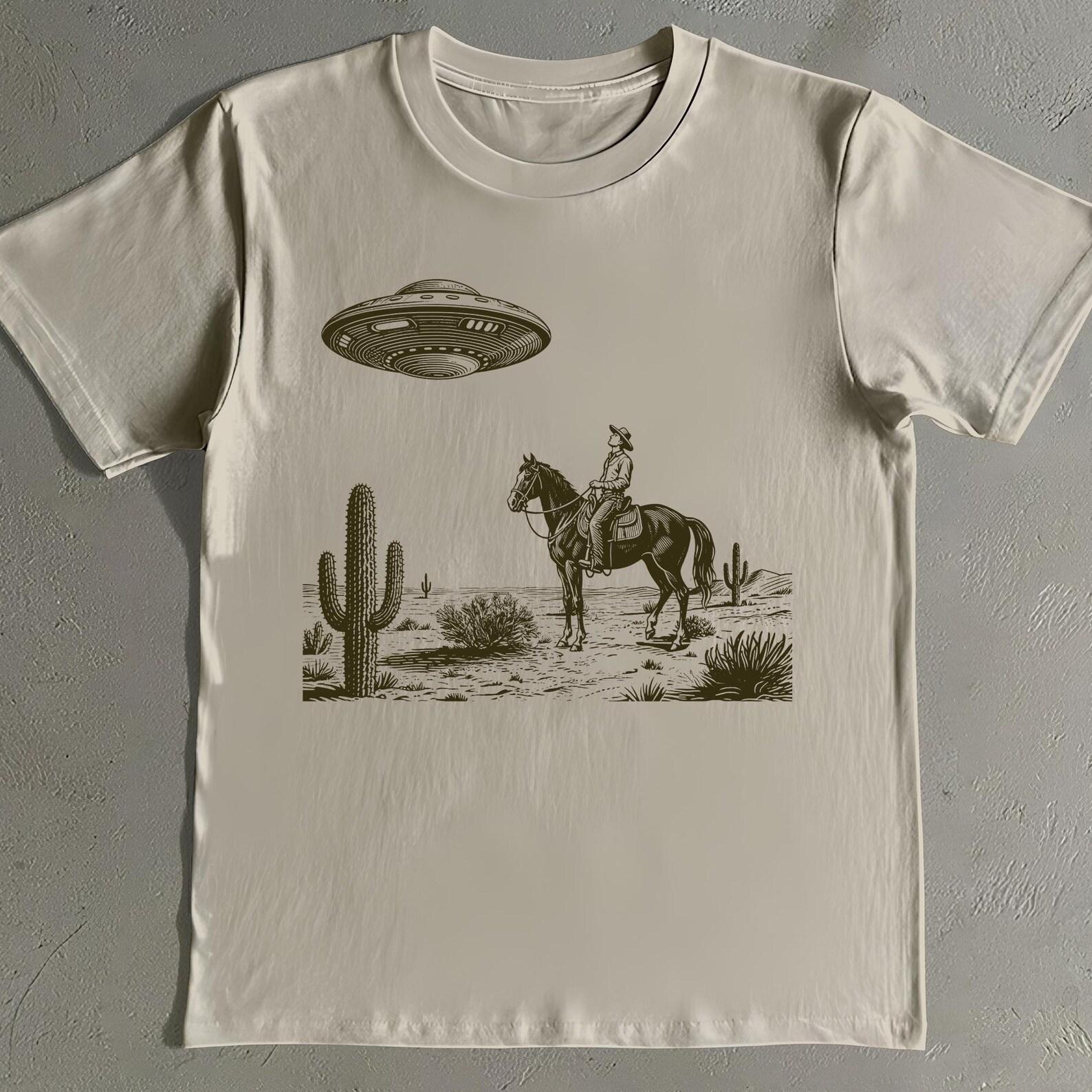 Vintage UFO Cowboy T-Shirt: Woodcut Western Alien Graphic Tee XL