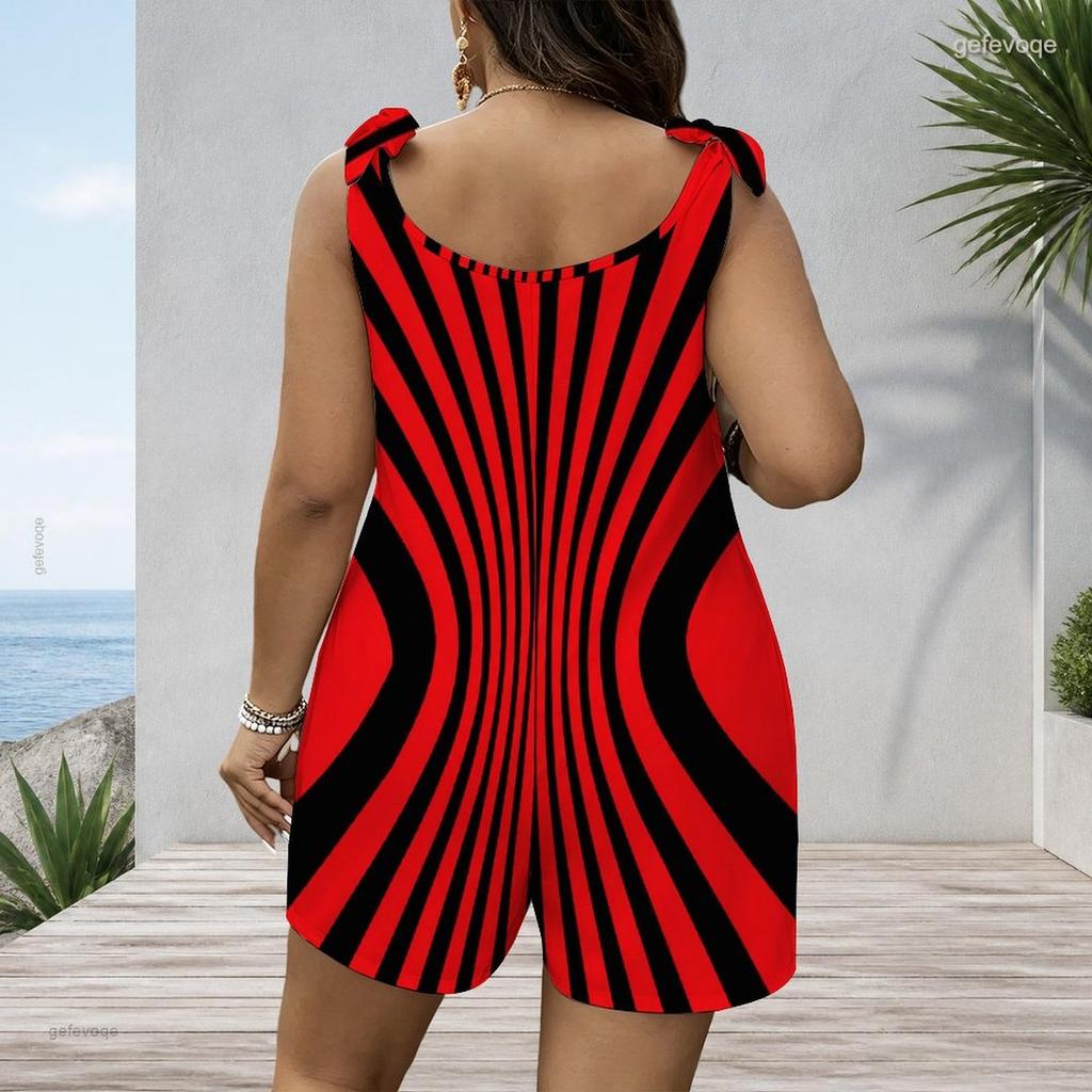 Women Plus Size Black White Printed Sleeveless Scoop Neck Tie Strap Loose Romper With Pockets