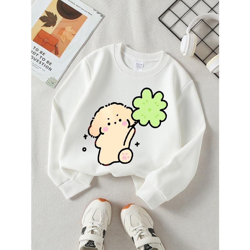 Kids Long‑Sleeve Crewneck Sweatshirt, Cute Dog Holding Clover Print,Daily Casual Top for Spring & Autumn