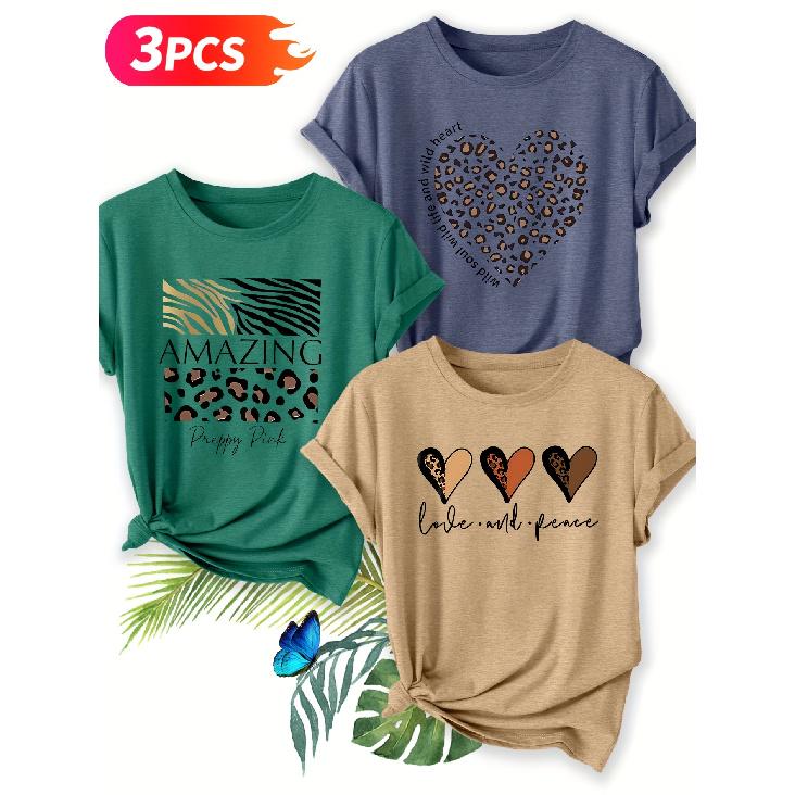 Three-piece set Elegant short-sleeved shirt for women Leopard print, zebra print“AMAZING”+ Wild love + Love and Peace Printed Round Neck Women's
