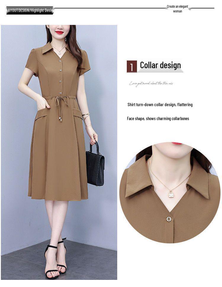 Elegant Plus-Size Short Sleeve Red Dress for Women - Waist-Slimming and Tummy-Covering Design for Middle-Aged and Elderly Ladies