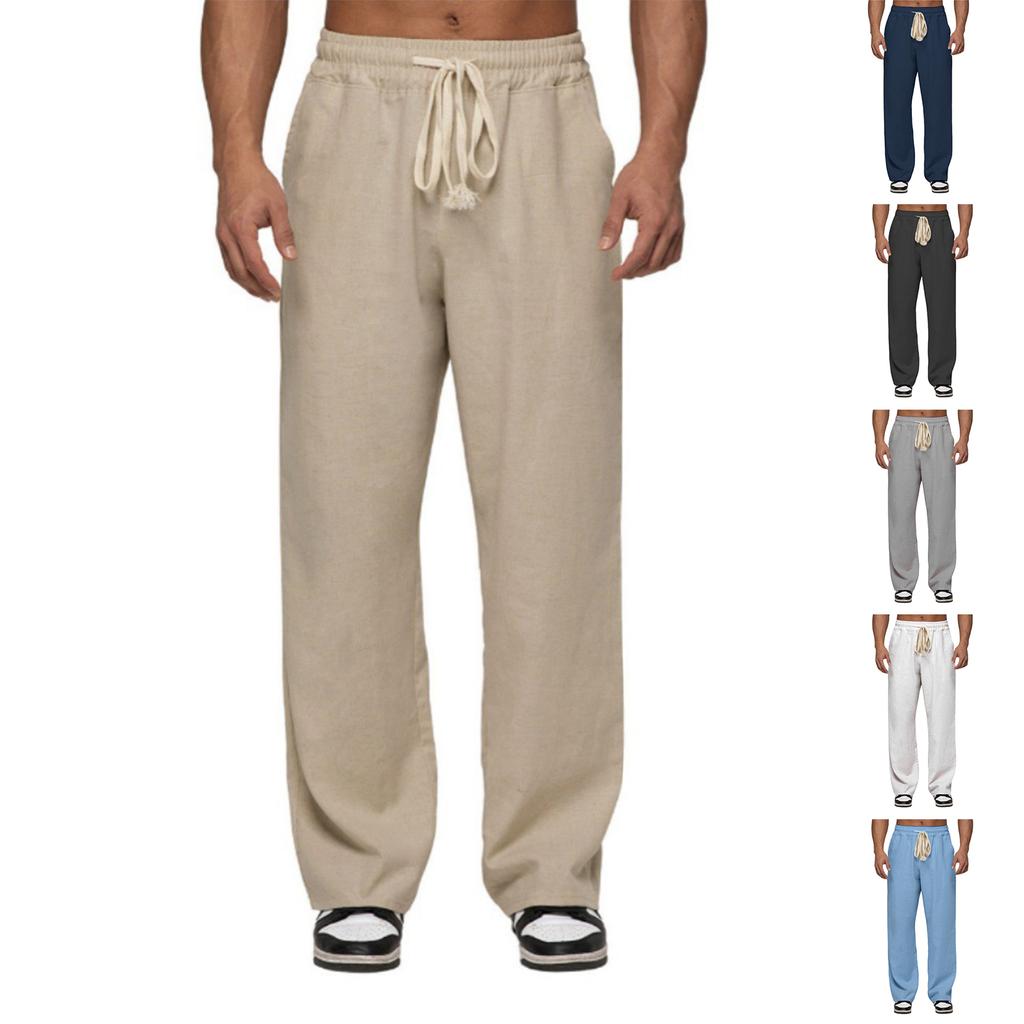 Mens Casual Cotton Linen Pants Elastic Waist Drawstring Summer Beach Pants Lightweight Loose Fit Yoga Trousers