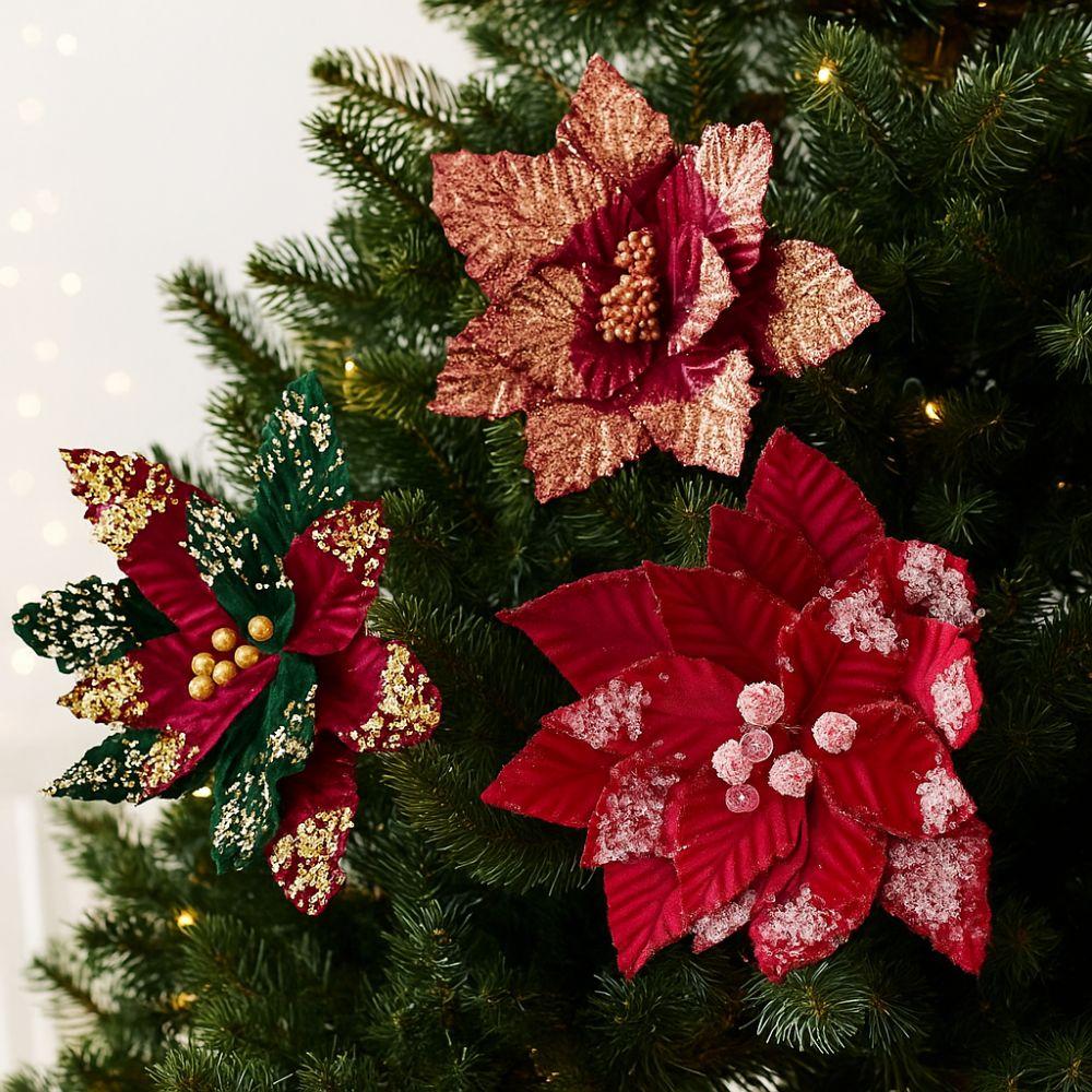 Flocking Artificial Christmas Flower Beautiful Xmas Tree Ornaments New Year Decor