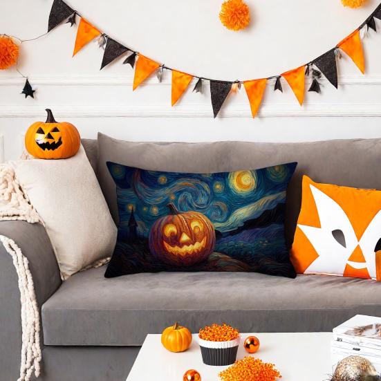 Halloween Pillow Cover Pumpkin under Starry Night Pillowcase Artistic Pillow Case for Bedroom Living Room Guest Rooms Sofa Decor
