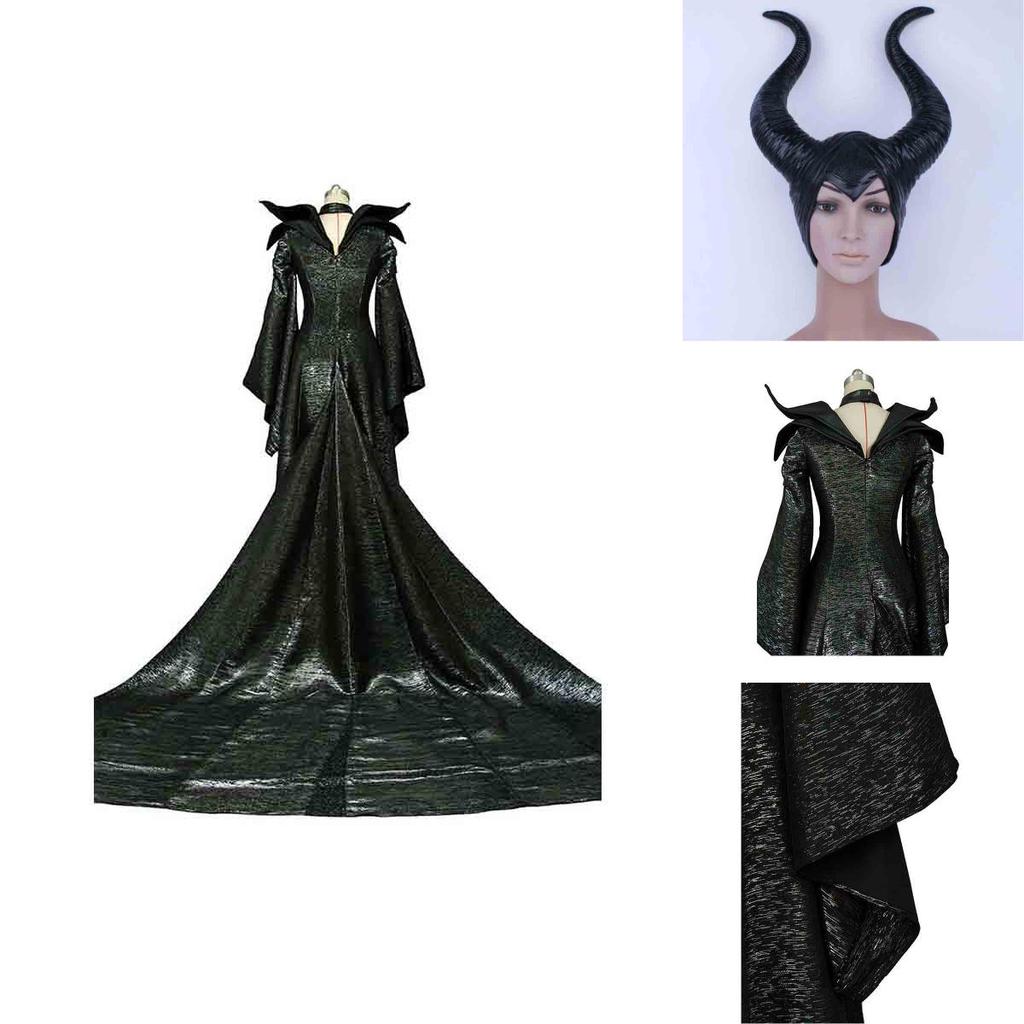 Elegant Maleficent Angelina Jolie Cosplay Costume Dress With Stand-up Collar And Horned Helmet For Halloween And Parties