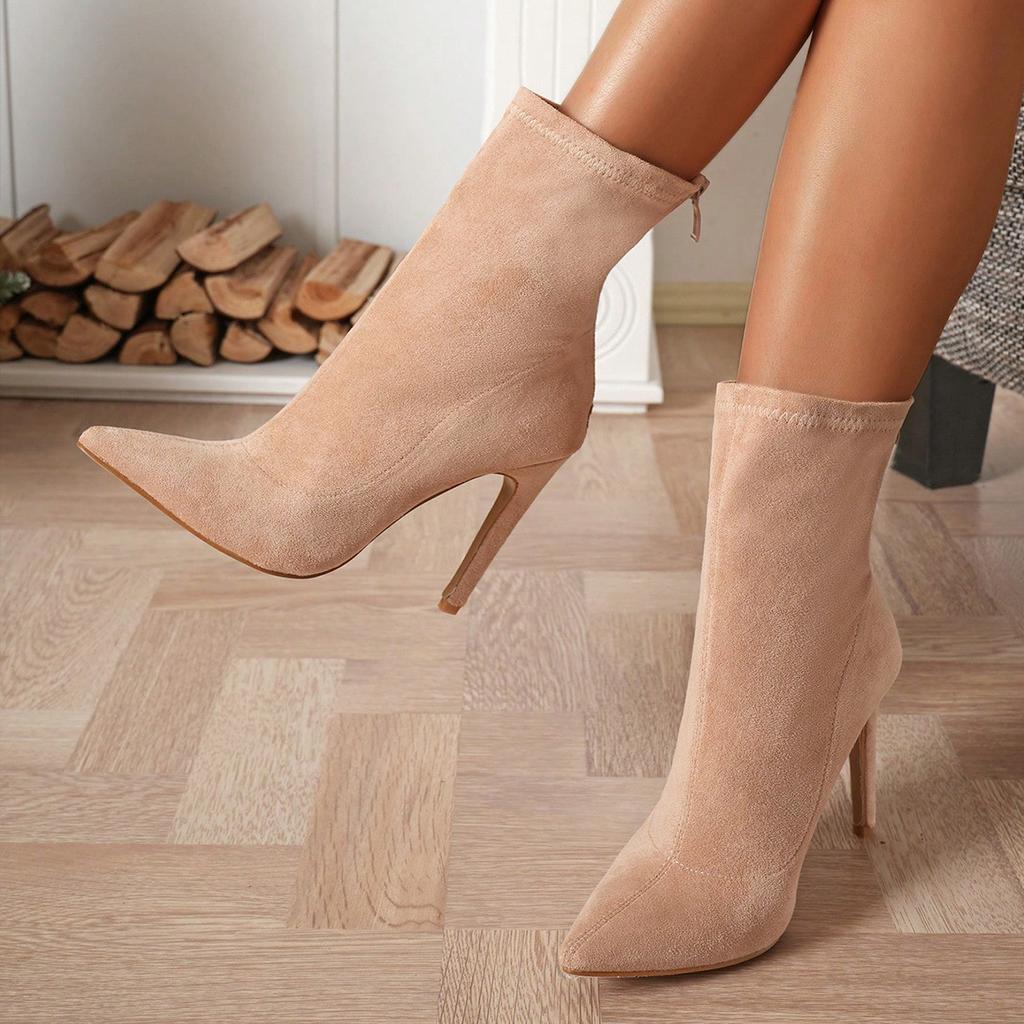 Bottes à bout pointu solides pour femmes de style européen et américain, bottes courtes sexy à talons hauts et fermeture éclair dans le dos en daim