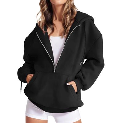 Solid Color Long Sleeve Pocket Hooded Zipper Thickened Pullover Sweatshirt for Women