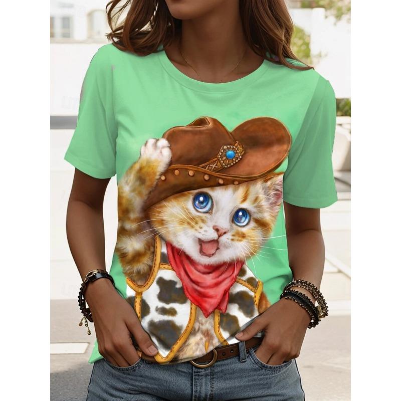 Women's Retro Cat Pattern T-shirt Cute Fashion Short-Sleeved Round Neck Top Regular Fit Daily Weekend Print Blue Summer Spring