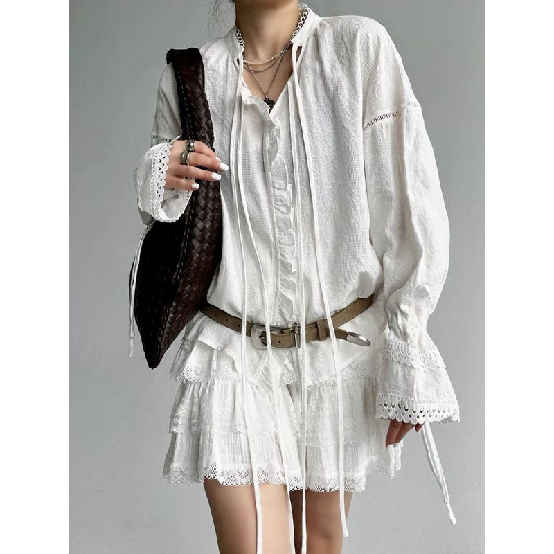 A Glance That Lasts a Lifetime: White Moonlight Jacquard Texture Shirt, French-Style Vacation-Inspired Sun-Protective Lace Shirt White Moonlight S