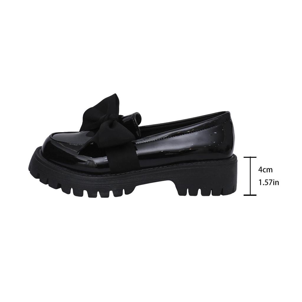 2024 Women's British Style Bow Knot Leather Slip-on Loafers with Thick Soles