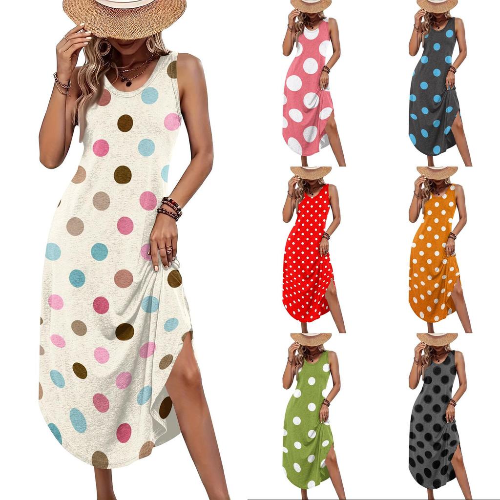 Damen ärmelloses lässiges Maxikleid lockere Passform lang mit Polkapunktdruck Sommerkleid seitlicher Schlitz leichtes bequemes Kleid