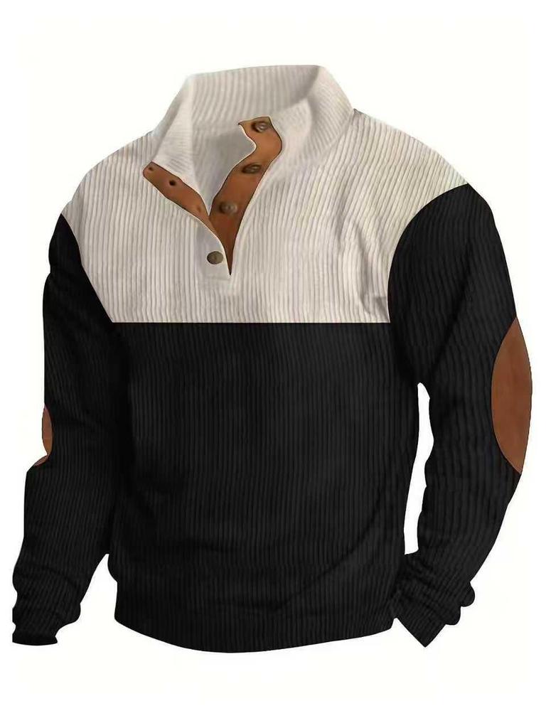 Herren Casual Corduroy Farbblock Kapuzenpullover mit Stehkragen und Knöpfen - Herbstkollektion 2025