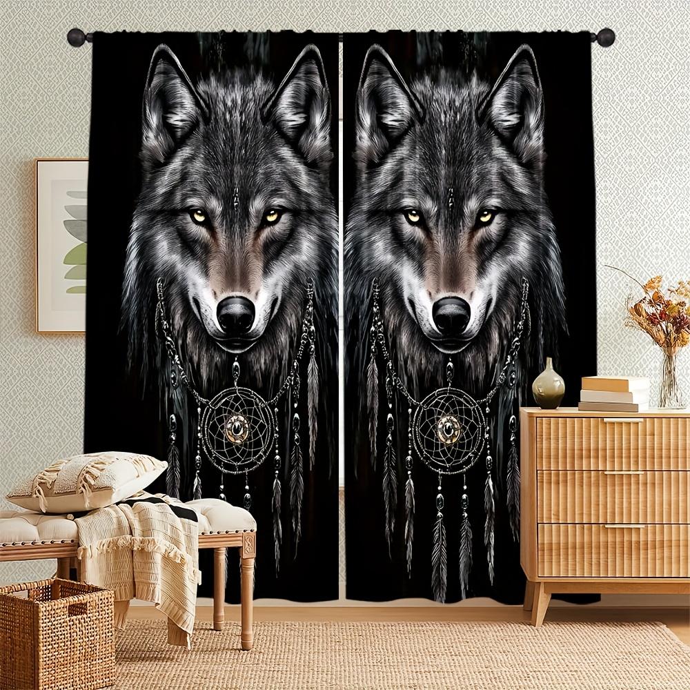 2pc Retro Wolf Sheer Curtains – Wolf Head & Dreamcatcher Print   Light-Filtering for Living Room & Study – Mystical Decor