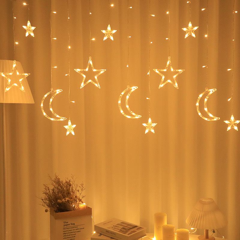 LED Star Moon Curtain String Light 3.5M Battery Powered Christmas Garland Decor Light Wedding Party Ramadan Decoration Supplies Battery Powered