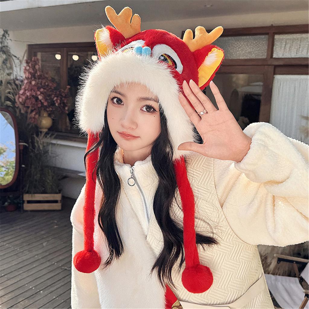 Cute New Year Dragon Head 3in1 Scarf Hat Mitten Suit Winter Earflap Hat Thicken Warmer Supplies for Women Teen Winter