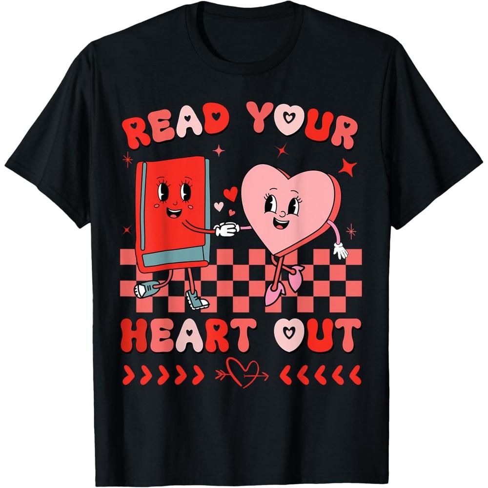 Retro Read Your Heart Out Valentine s Day Teacher Bookish T Shirt XL чёрный