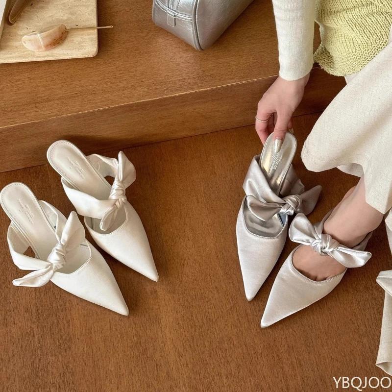 Ladies Elegant Silk Shoes Sexy Pointed Half Slippers Fashion Bow High Heels Comfortable Casual Women's Slippers Mujer Zapatos