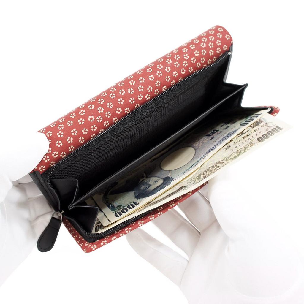 Carteira Longa Indenya Inden, Grande Capacidade, Couro de Veado, Vermelha com Laca Branca, Pequeno Padrão de Flor de Cerejeira, 2310-13-002