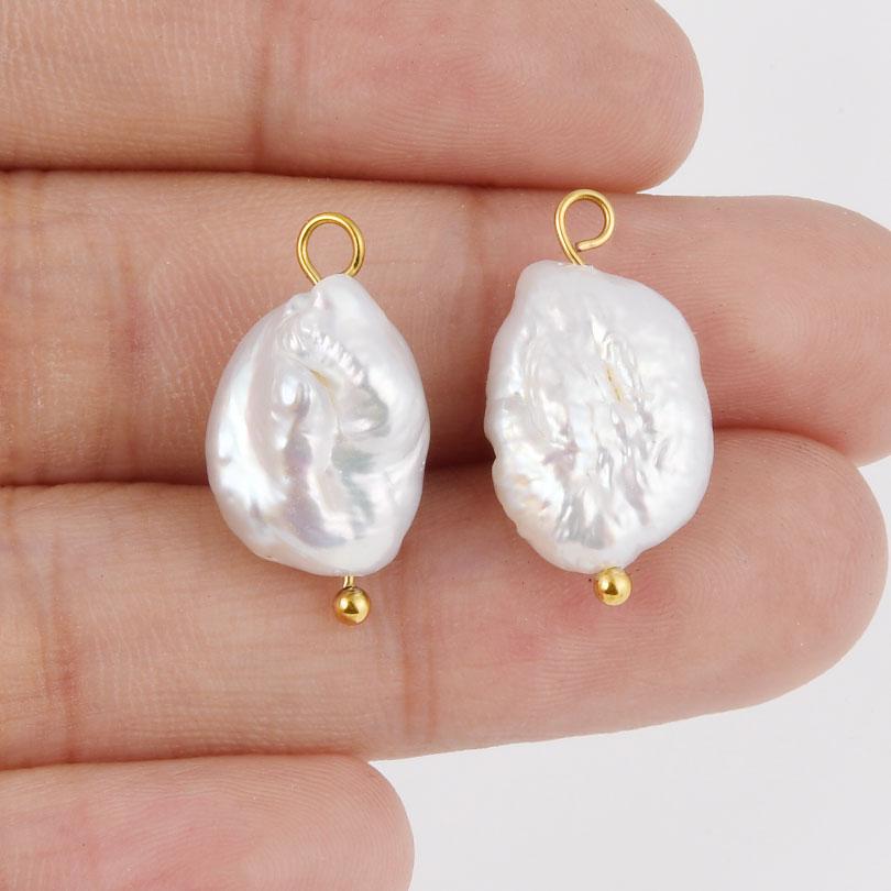 2Pcs Gold Color Ring Real Natural Pearl Charm Pendants For Jewelry Making Earrings Necklace Stainless Steel Findings Accessories