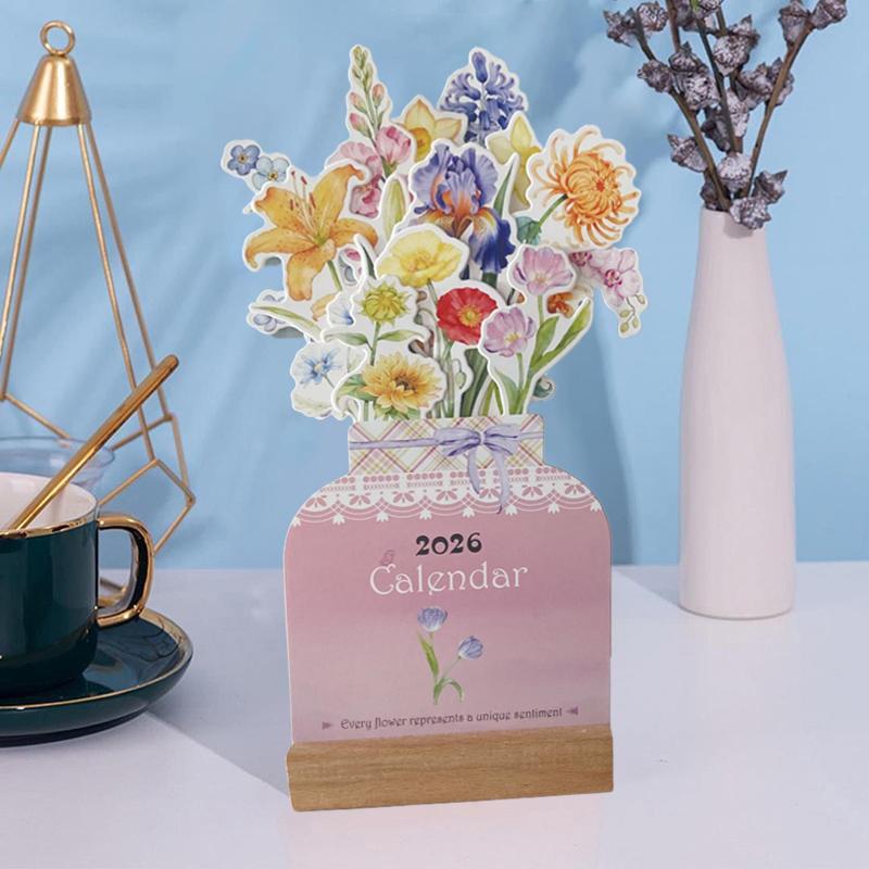 

Environmentally Friendly Paper Flower Desktop Calendar Wooden Stand Calendar Cute Exquisite Decorative Ornament Natural Wood onesize