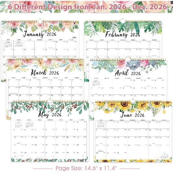 2026 Calendar - JAN 2026 - DEC 2026, 14.6'' X 11.4'', Wall Calendar 2026, Twin-Wire Binding, 12 Months Calendar, Premium Paper