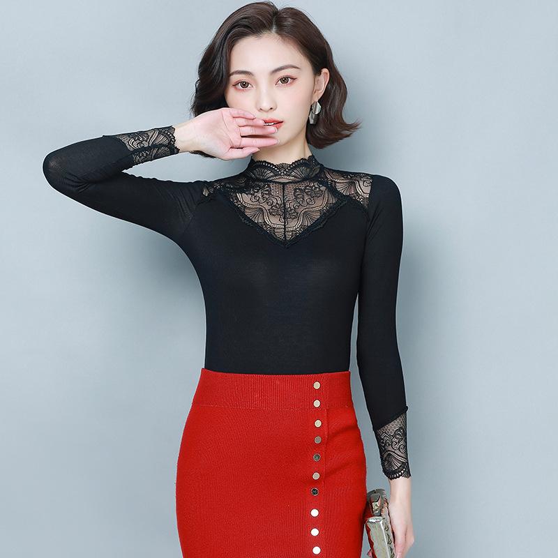 Women's Turtleneck Lace Bottoming Shirt Autumn and Winter Fashion Plus Size Black Inner Plus Velvet Top