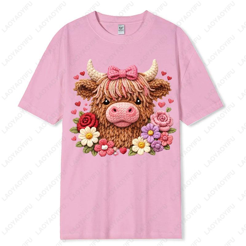 Highland Cow Rose Valentine Cotton Tshirts Imitation Knitting Printed Preppy Lovely Style Casual Cute Retro Women Oneck Tops