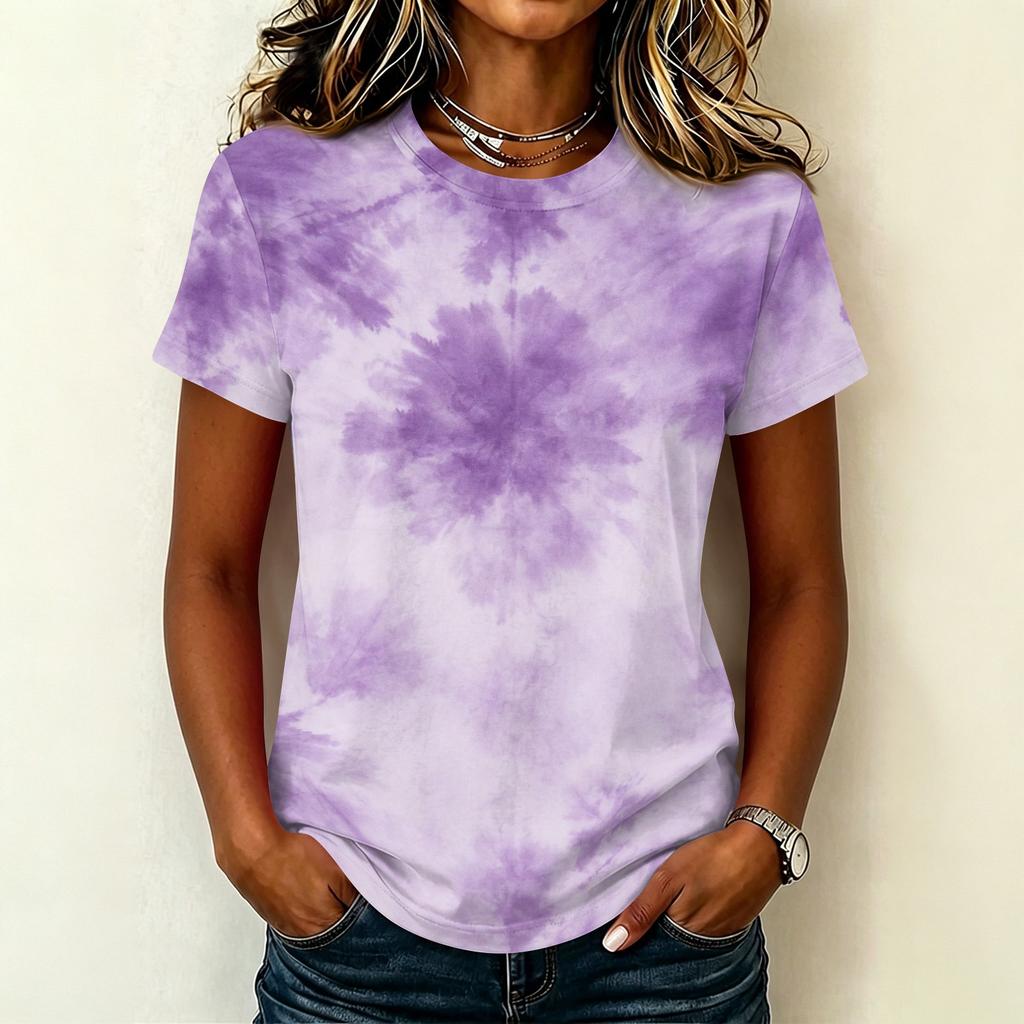 Women's Casual Pullover T Shirt Short Sleeve Round Neck Tie Dye Print Top Lightweight Comfortable Fit