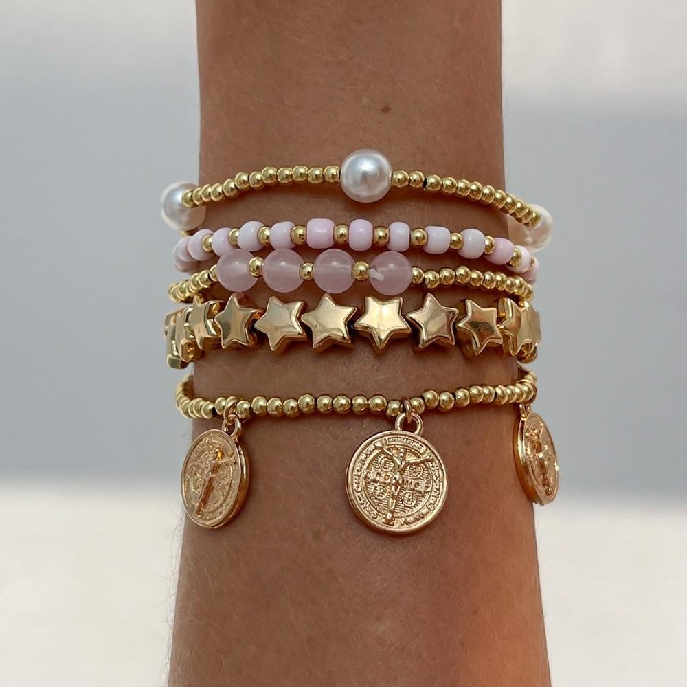 Multi Layer Round Bead Bracelet Bohemian Style Hand Chain Elastic Beaded Bracelet for Women