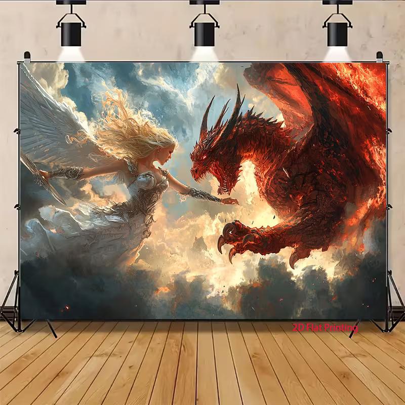 2D Angel Vs Dragon Backdrop for Fantasy Cosplay, Medieval & Mythical Themed Events