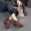 Johnature Hollow Out Boots Round Toe Breathable Back Zipper Genuine Leather Sandals Retro Mid Heel Women's Shoes