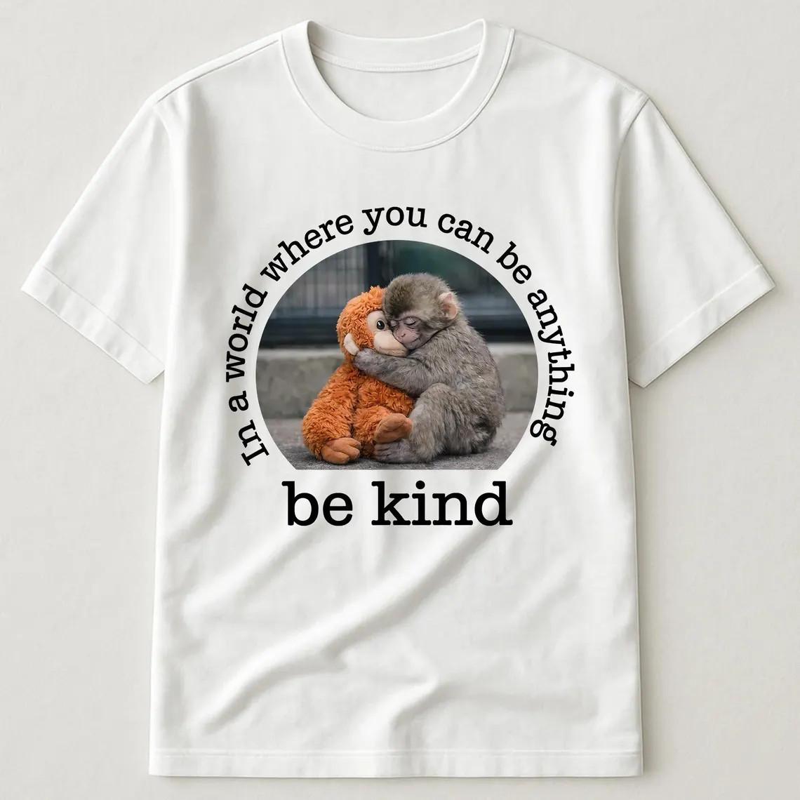 Be Kind Inspirational Quote Cute Monkey Hugging Plush Toy T-Shirt L