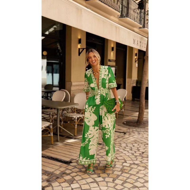 

Fashion Wind New Fashion Women s Clothing Printed V-neck Short-Sleeved Jumpsuit Printed V-neck Jumpsuit Green 2XL
