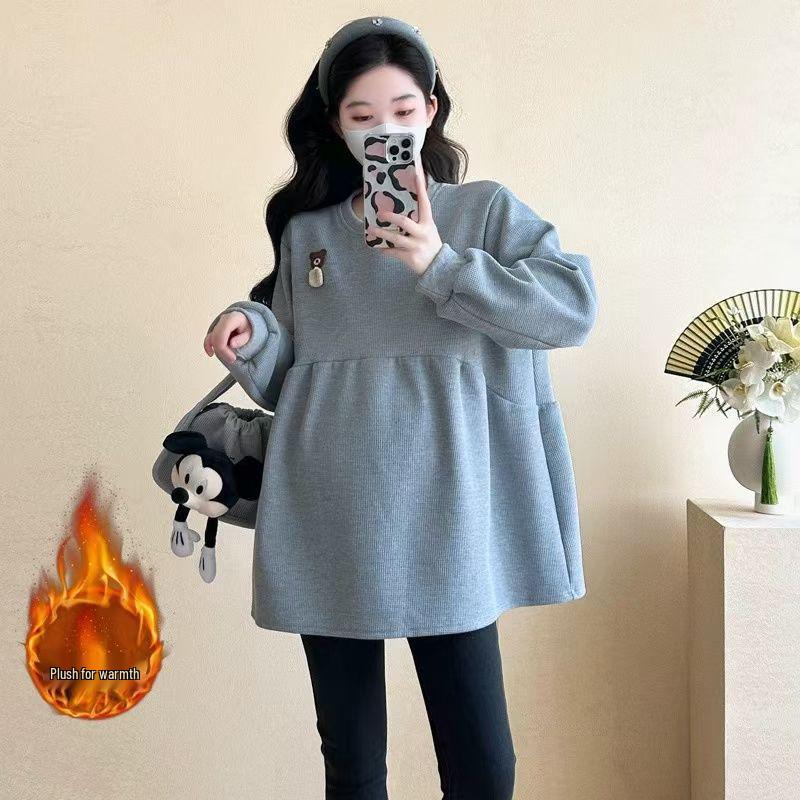2025 Koreanischer Stil Lockerer Rundhals Fleece Umstandspullover für Herbst/Winter