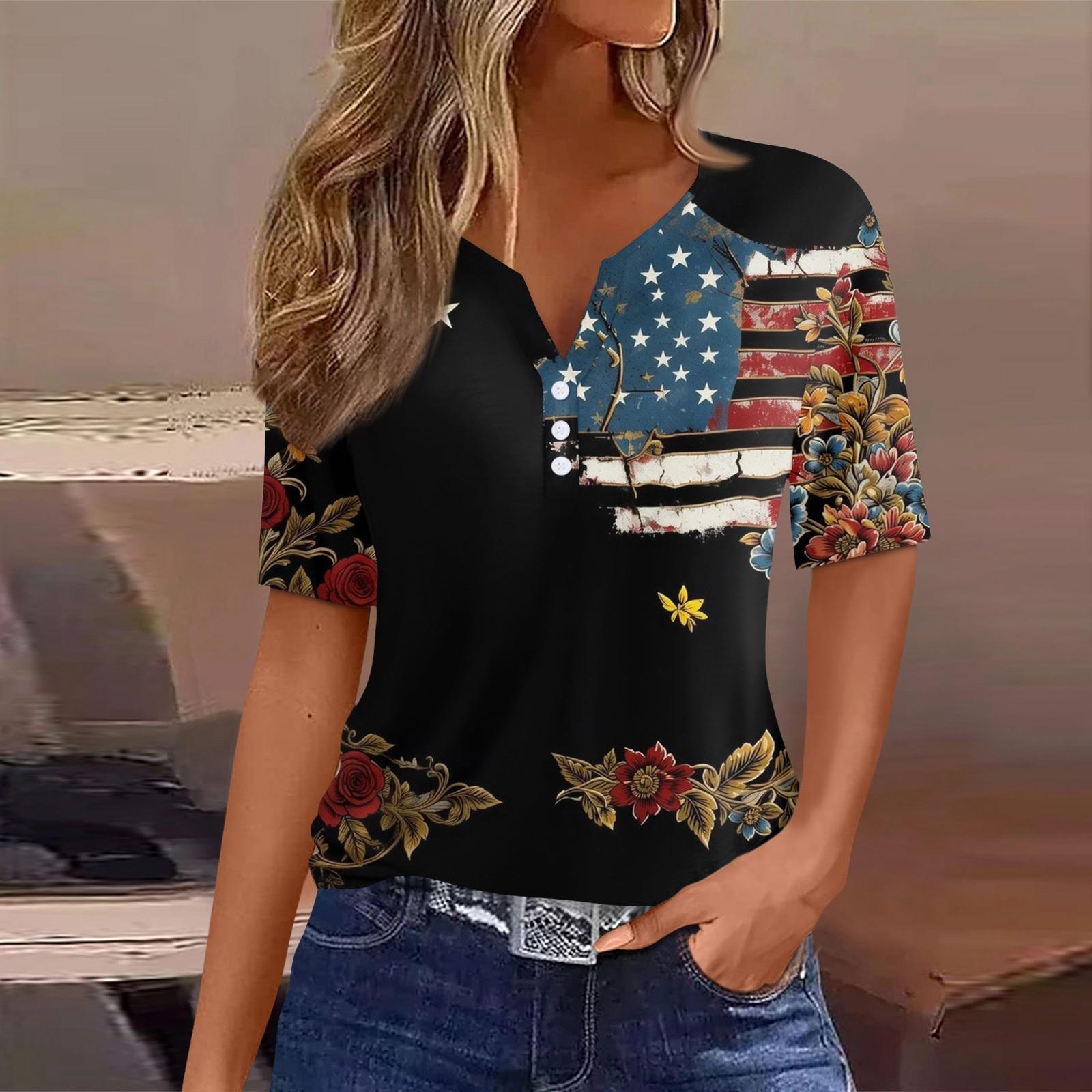 

Женская футболка с принтом на пуговицах, короткий рукав, туника, повседневная мода на выходные, базовый топ с V-образным вырезом L чёрный