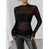 Netz Langarm Oberteil für Damen, Spitze Durchsichtige Oberteile Durchsichtig Mock Neck Blumenstickerei Durchsichtige Bluse Fischernetz