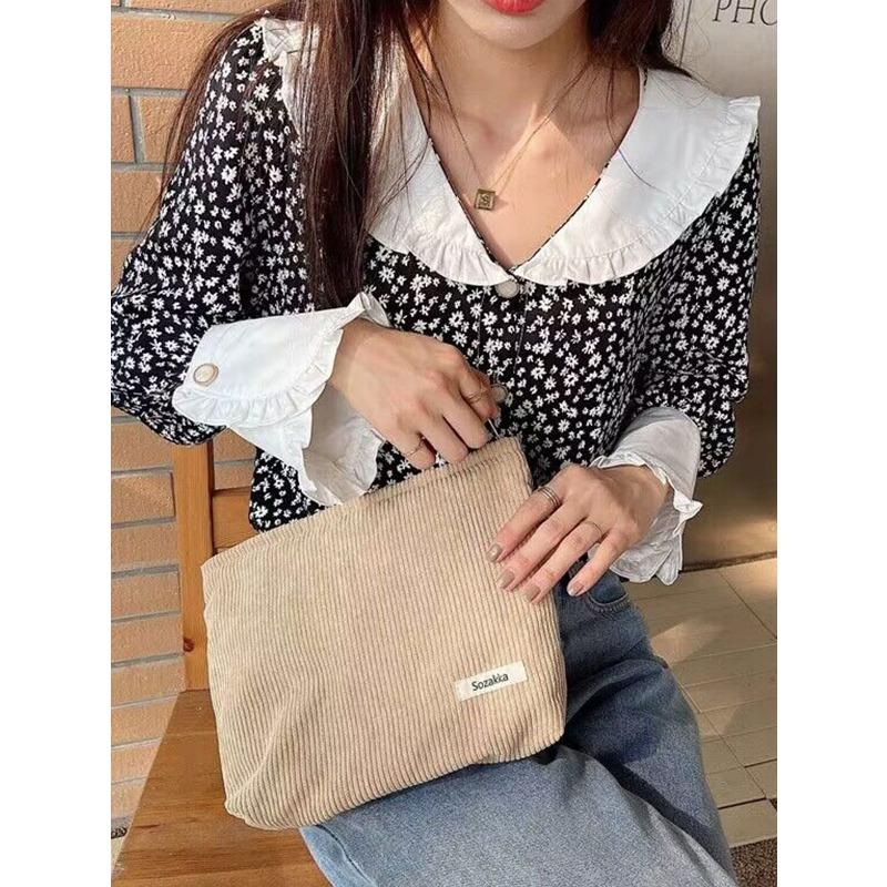 Large Capacity Corduroy Cosmetic Bag Raspberry Pink, Multiple Purpose Storage Bag