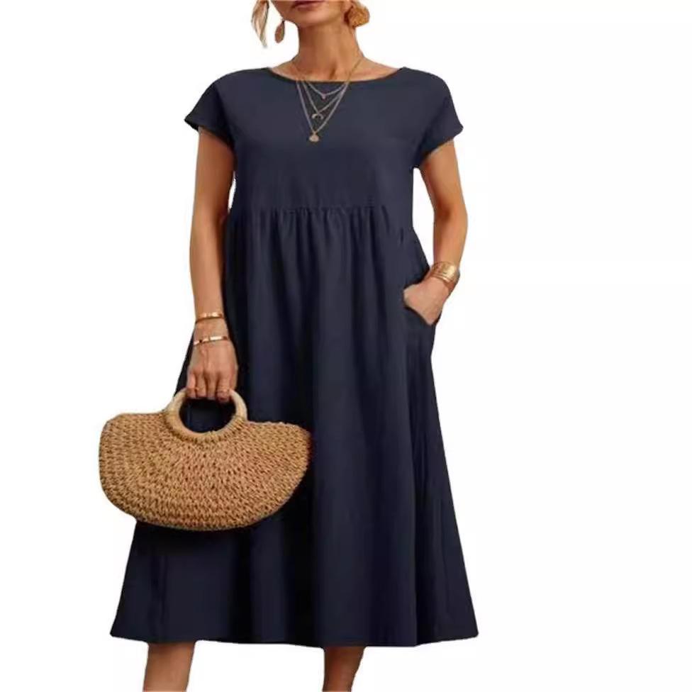 European and American Solid Color Sleeveless Loose Cotton and Linen Pocket Dress