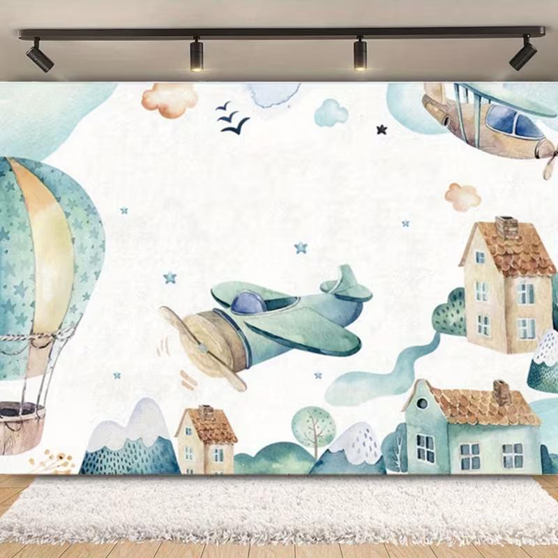 

2D Watercolor Airplane Tapestry, Hot Air Balloon Nursery Wall Art 47.2x31.5inch/120*80cm