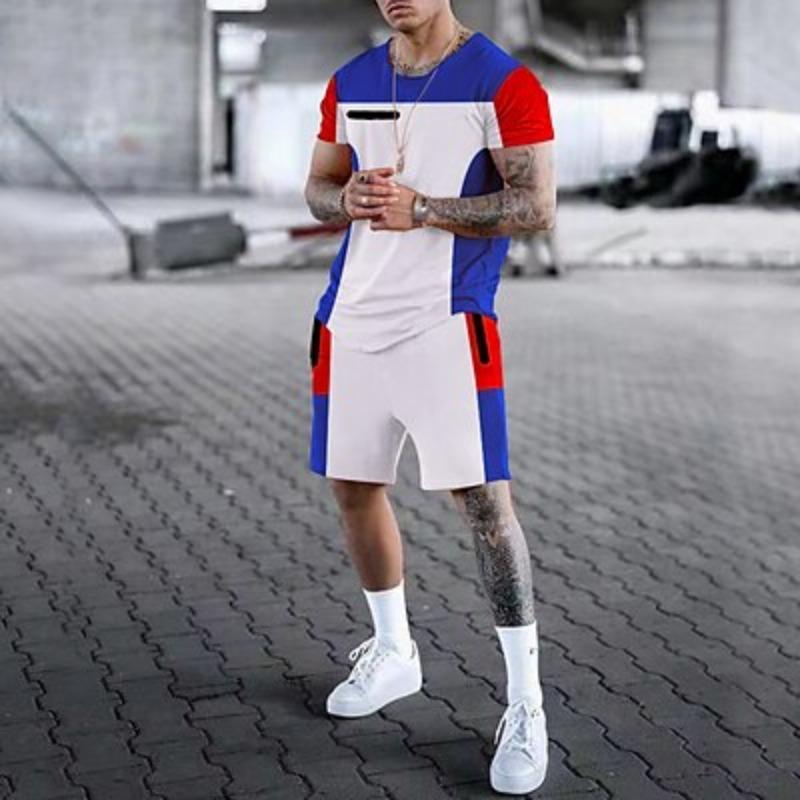 

Men s graphic color blocks T-shirt suit shorts and t-shirt suit designer casual comfortable comfortable outdoor vacation every day 3D 3XL