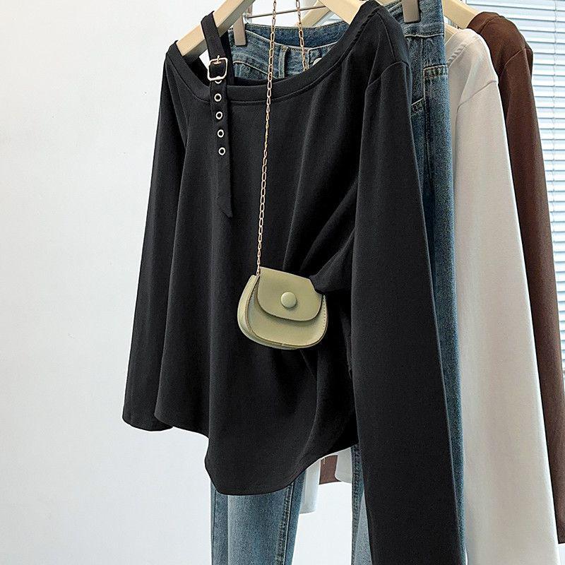 Plus Size Irregular One-Shoulder Long-Sleeve T-Shirt - Women's New Loose Slimming Top for Spring and Autumn